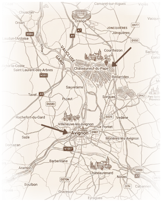 Map situating Châteauneuf-du-Pape and Domaine du Père Caboche near Avignon