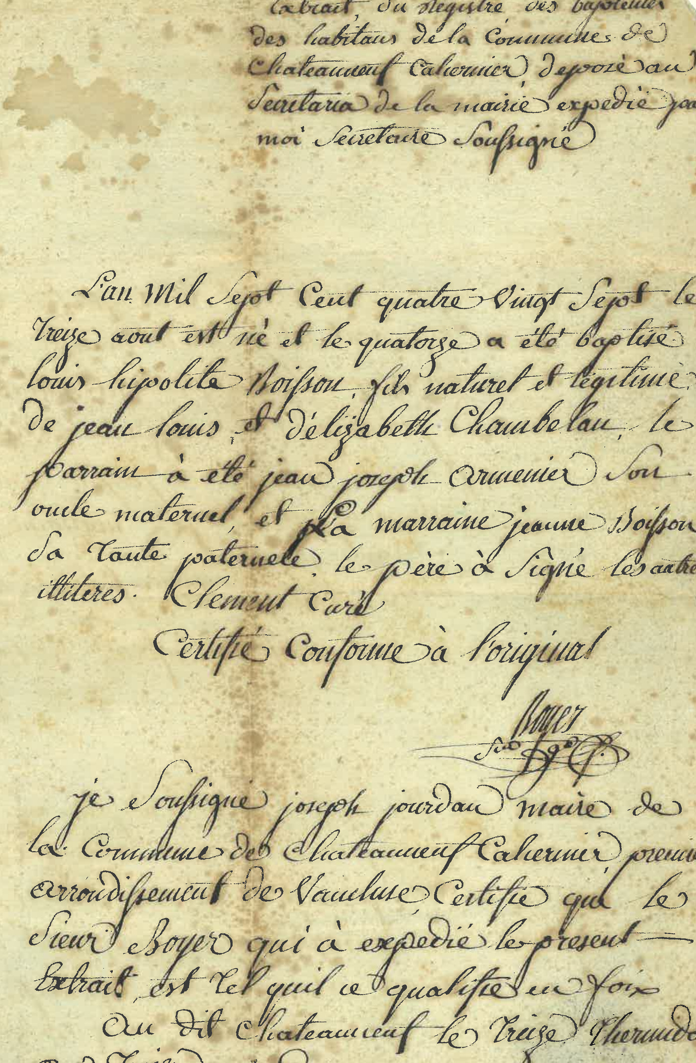 Baptism register extract from Châteauneuf-du-Pape