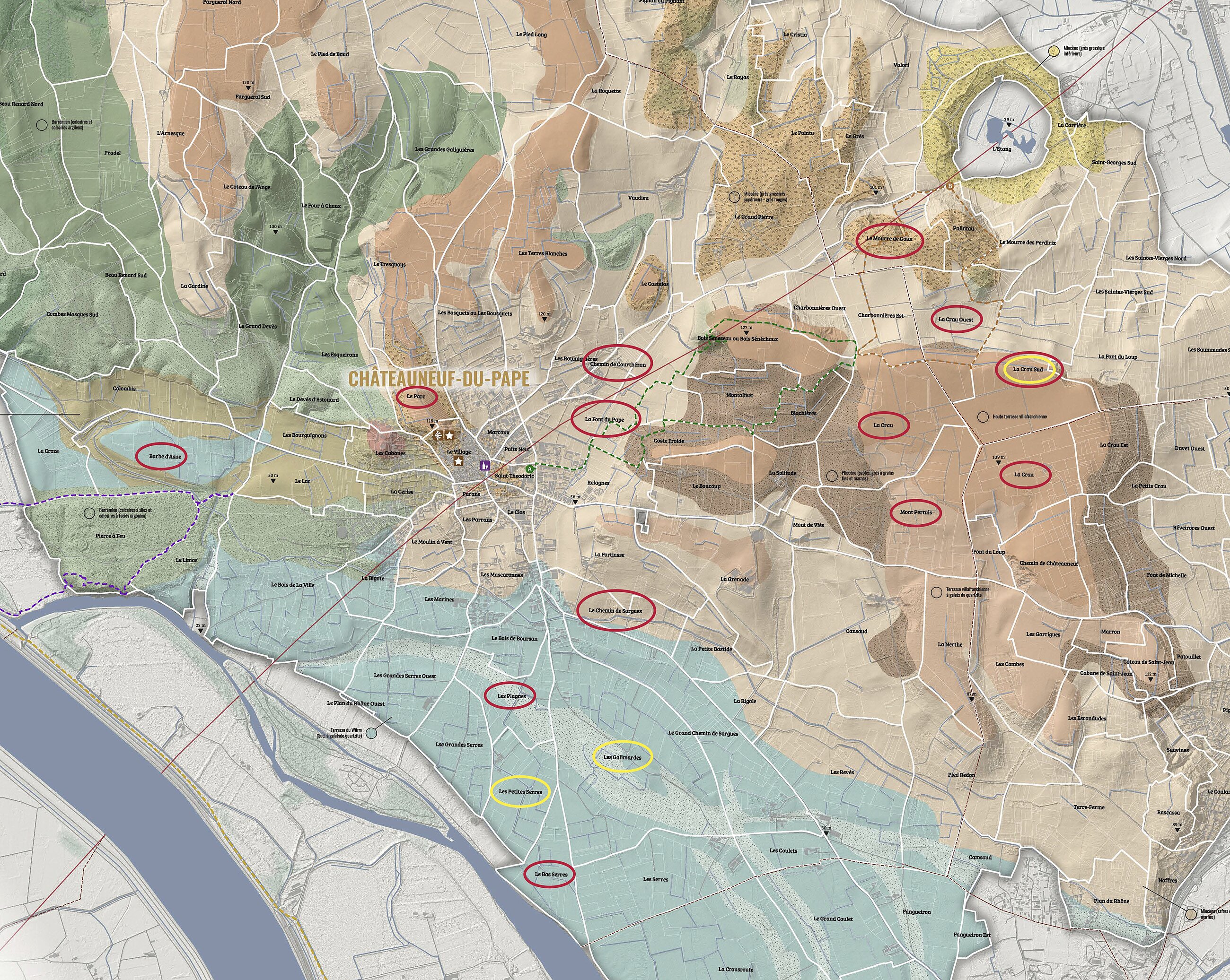 Close-up of the Père Caboche plots, identified in red and yellow across the four terroirs
