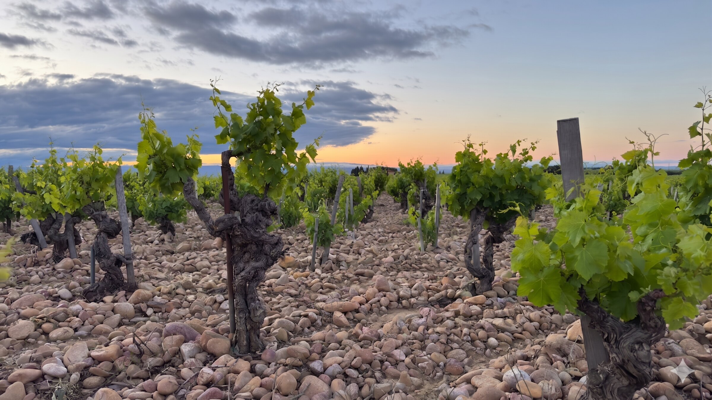 Centennial vines on the La Crau pebbles at sunset, with the Châteauneuf-du-Pape castle tower in the distance