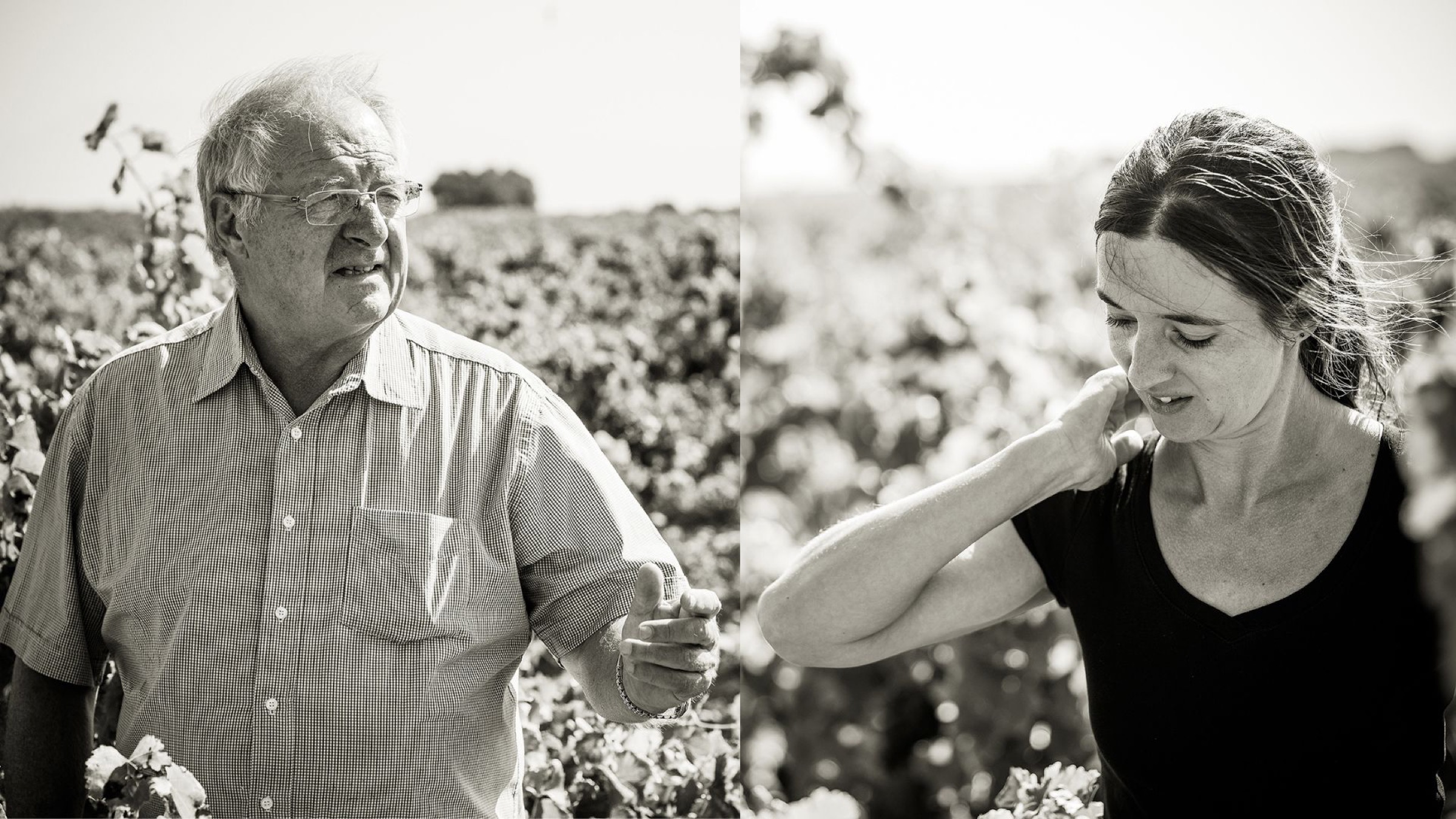 Black-and-white diptych: Jean-Pierre and Emilie Boisson in the vineyards